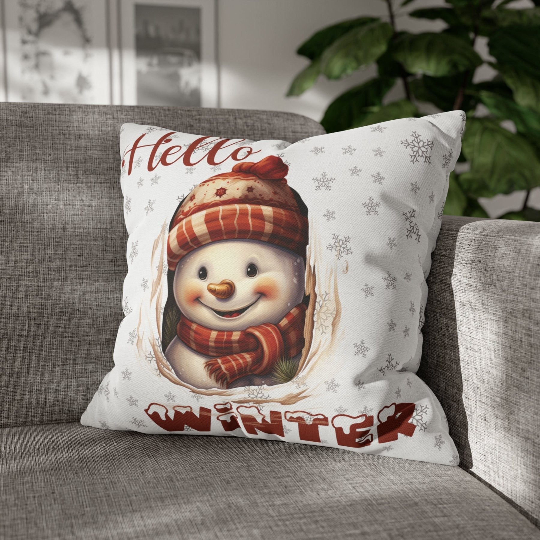 Winter Throw Pillow Cover, Throw Pillow Case, Winter Theme, Snowman, Hello Winter, Square Pillow Case, Snowman 3 - Janlyn's Crafts