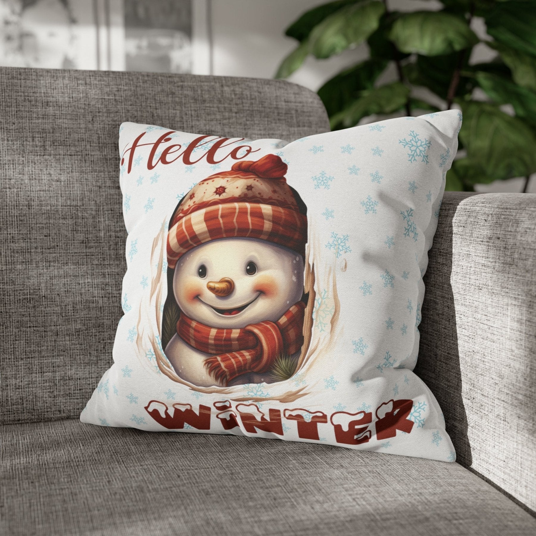 Winter Throw Pillow Cover, Throw Pillow Case, Winter Theme, Snowman, Hello Winter, Square Pillow Case, Snowman 3 - Janlyn's Crafts