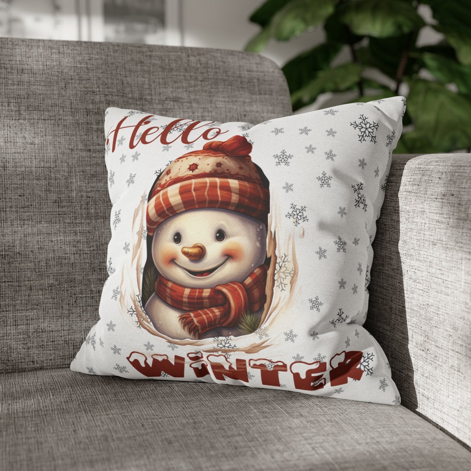 Winter Throw Pillow Cover, Throw Pillow Case, Winter Theme, Snowman, Hello Winter, Square Pillow Case, Snowman 3 - Janlyn's Crafts