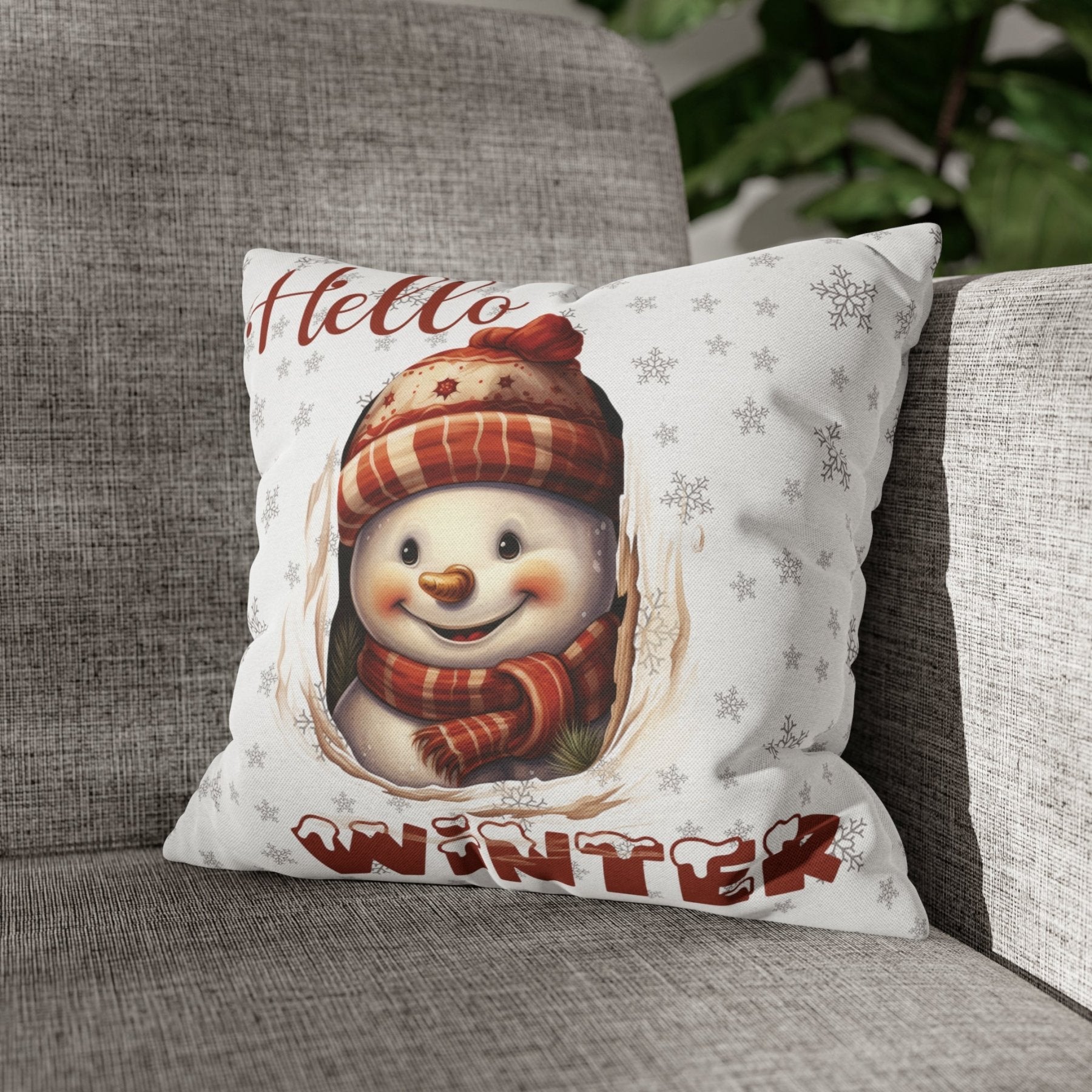 Winter Throw Pillow Cover, Throw Pillow Case, Winter Theme, Snowman, Hello Winter, Square Pillow Case, Snowman 3 - Janlyn's Crafts