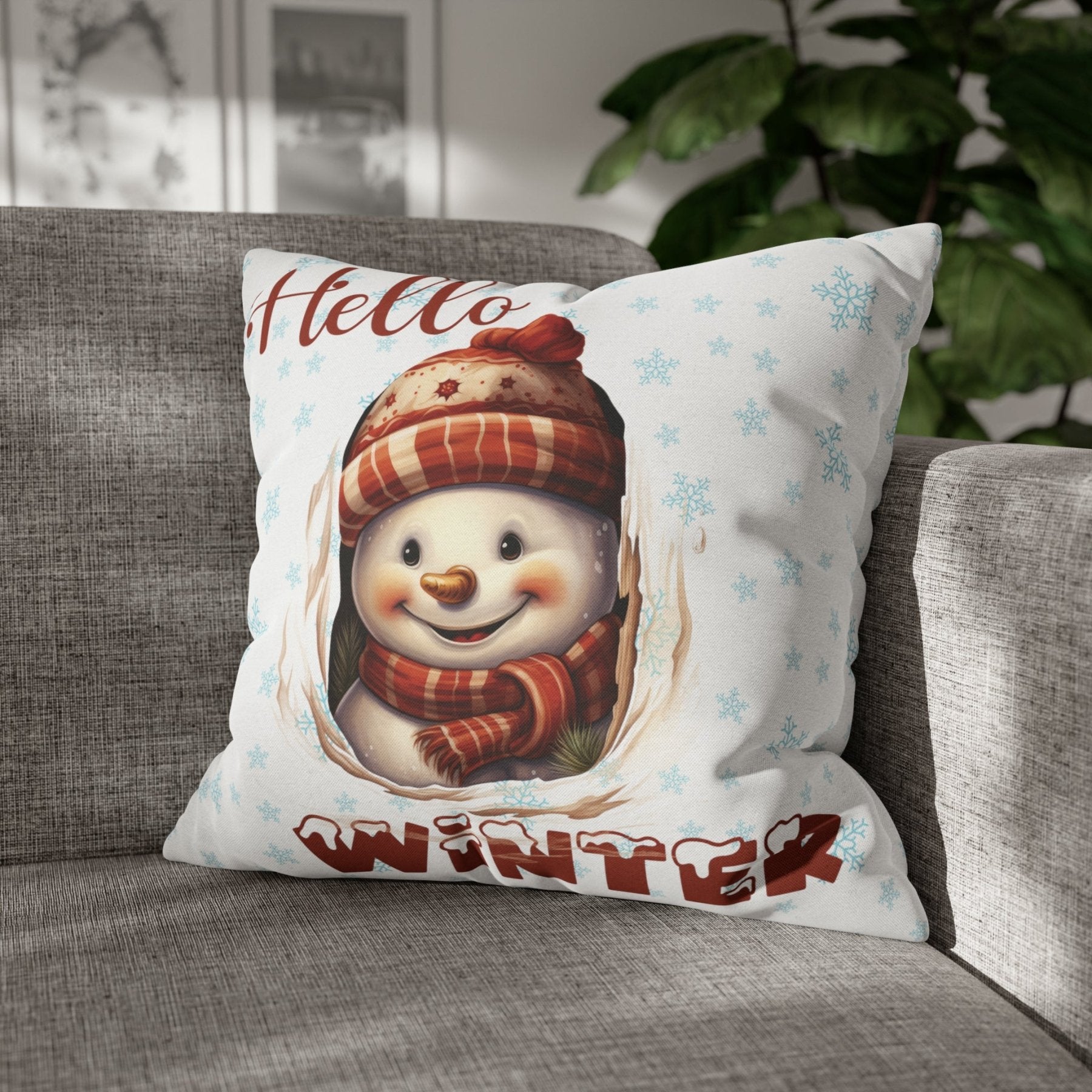 Winter Throw Pillow Cover, Throw Pillow Case, Winter Theme, Snowman, Hello Winter, Square Pillow Case, Snowman 3 - Janlyn's Crafts