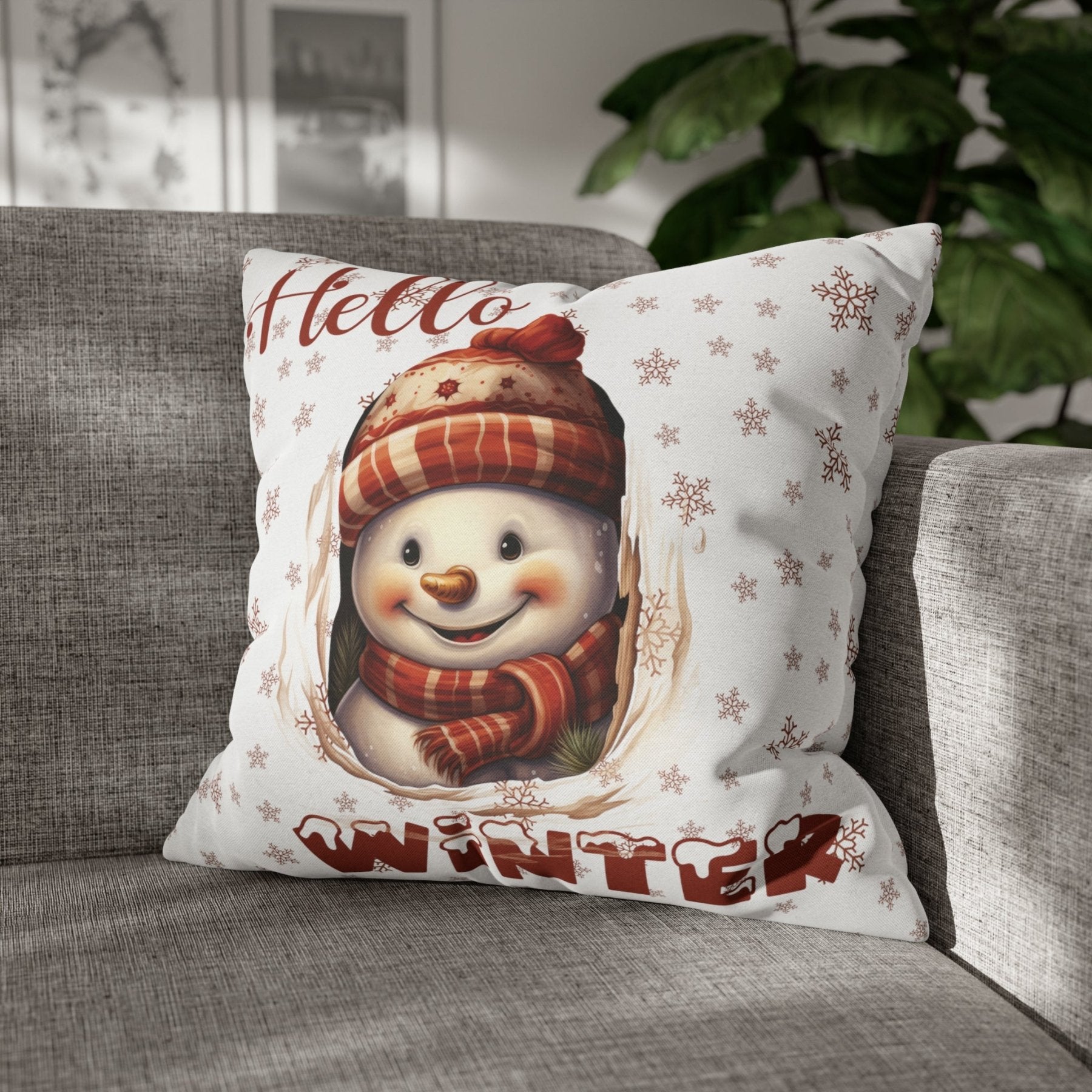 Winter Throw Pillow Cover, Throw Pillow Case, Winter Theme, Snowman, Hello Winter, Square Pillow Case, Snowman 3 - Janlyn's Crafts