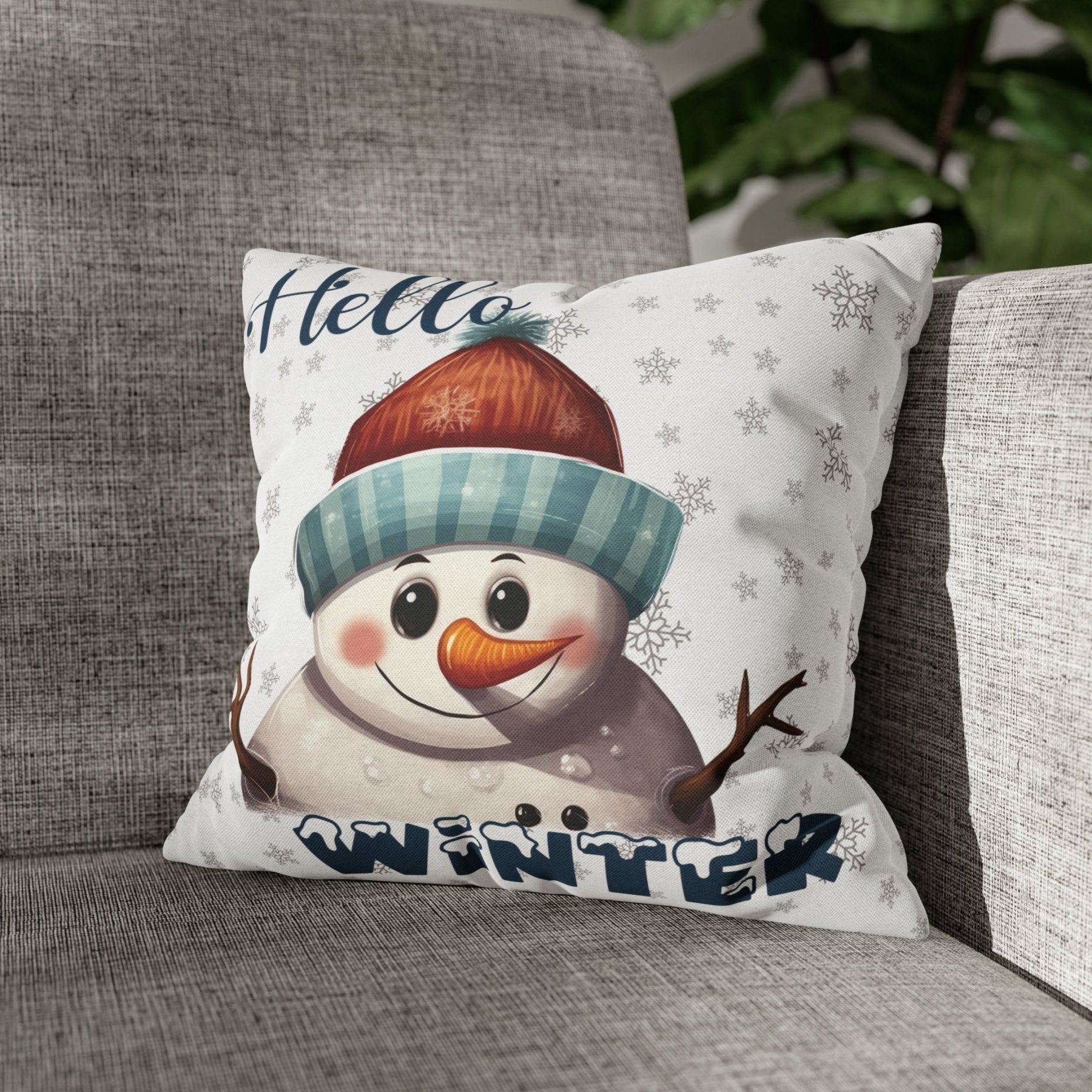 Winter Throw Pillow Cover, Throw Pillow Case, Winter Theme, Snowman, Hello Winter, Square Pillow Case, Snowman 4 - Janlyn's Crafts