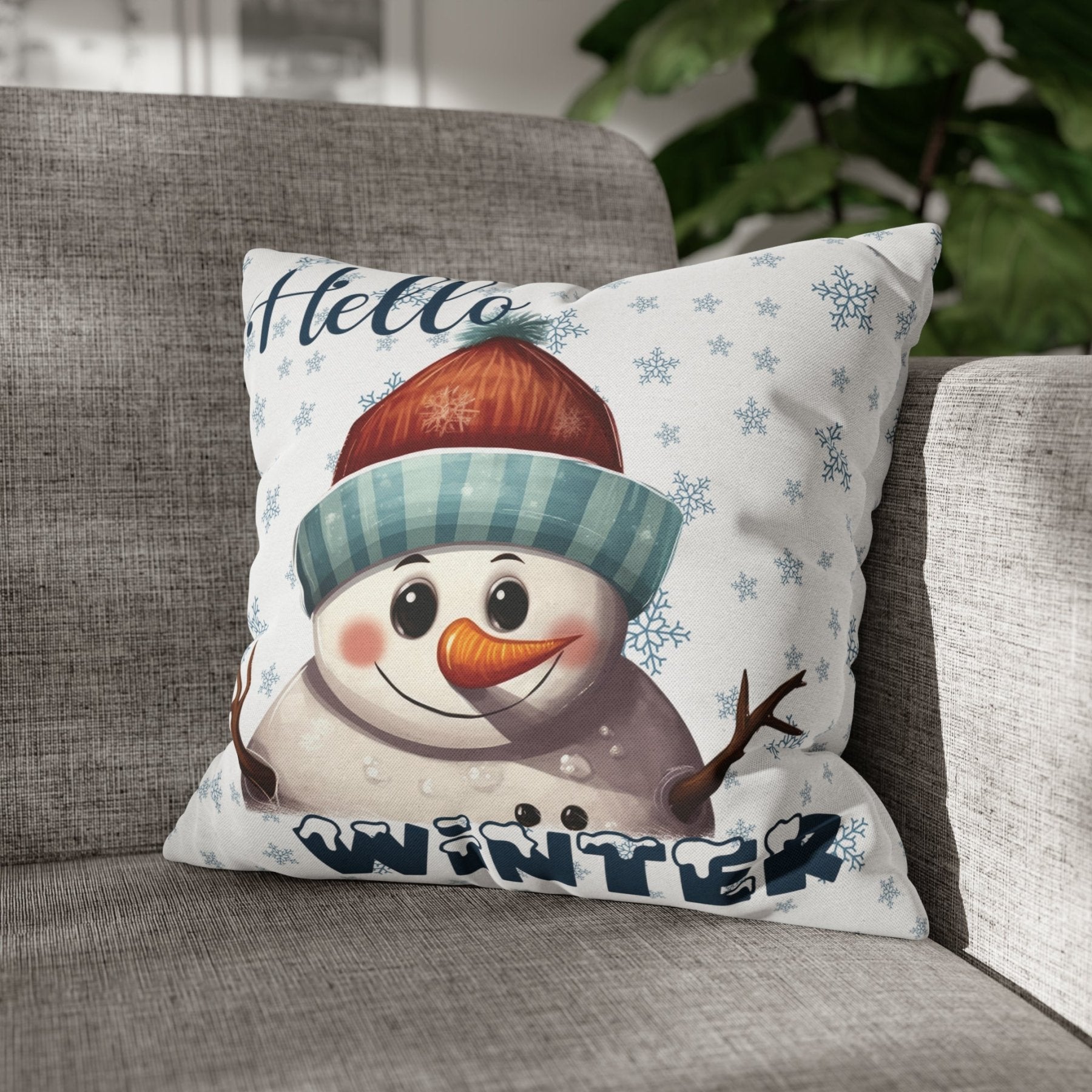 Winter Throw Pillow Cover, Throw Pillow Case, Winter Theme, Snowman, Hello Winter, Square Pillow Case, Snowman 4 - Janlyn's Crafts