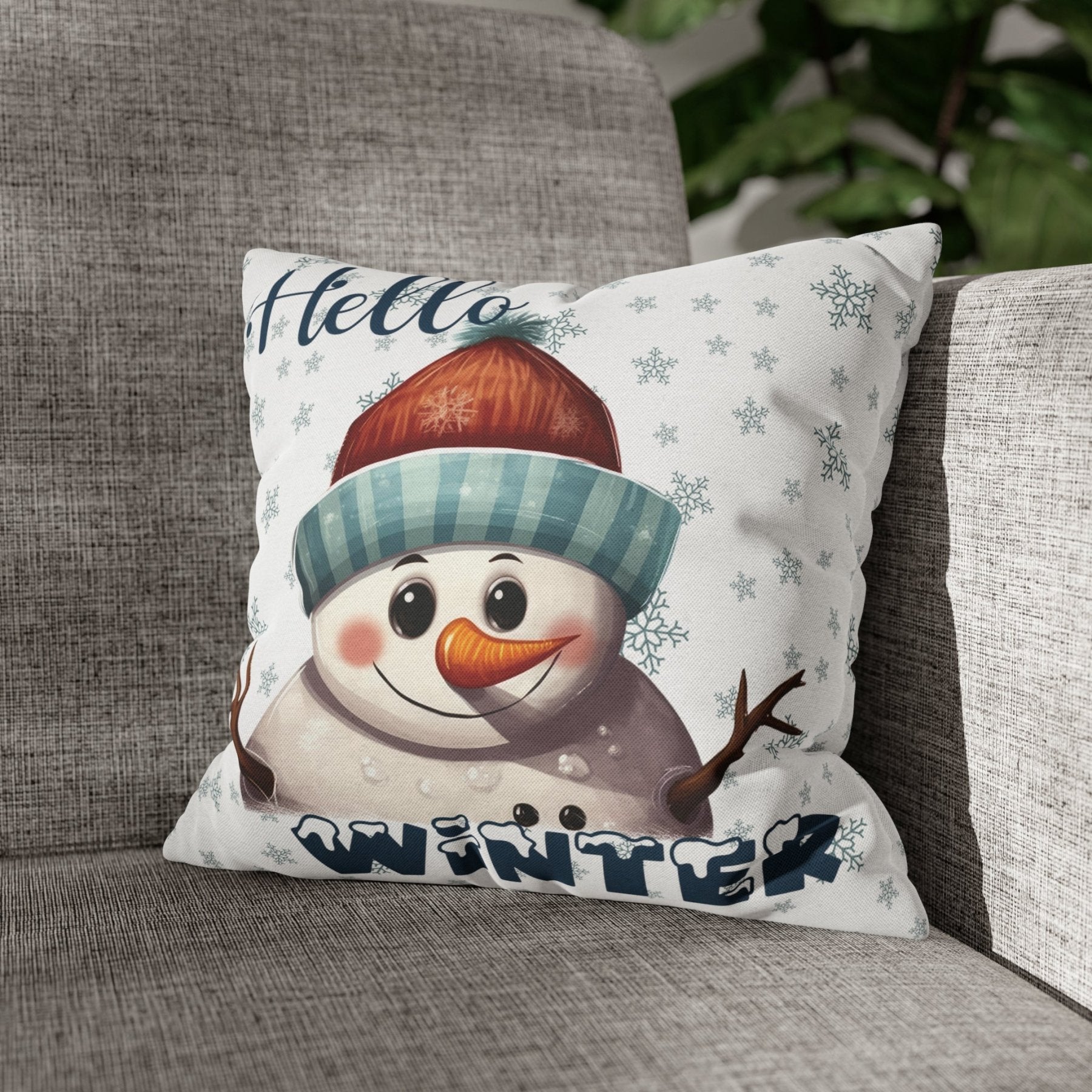 Winter Throw Pillow Cover, Throw Pillow Case, Winter Theme, Snowman, Hello Winter, Square Pillow Case, Snowman 4 - Janlyn's Crafts