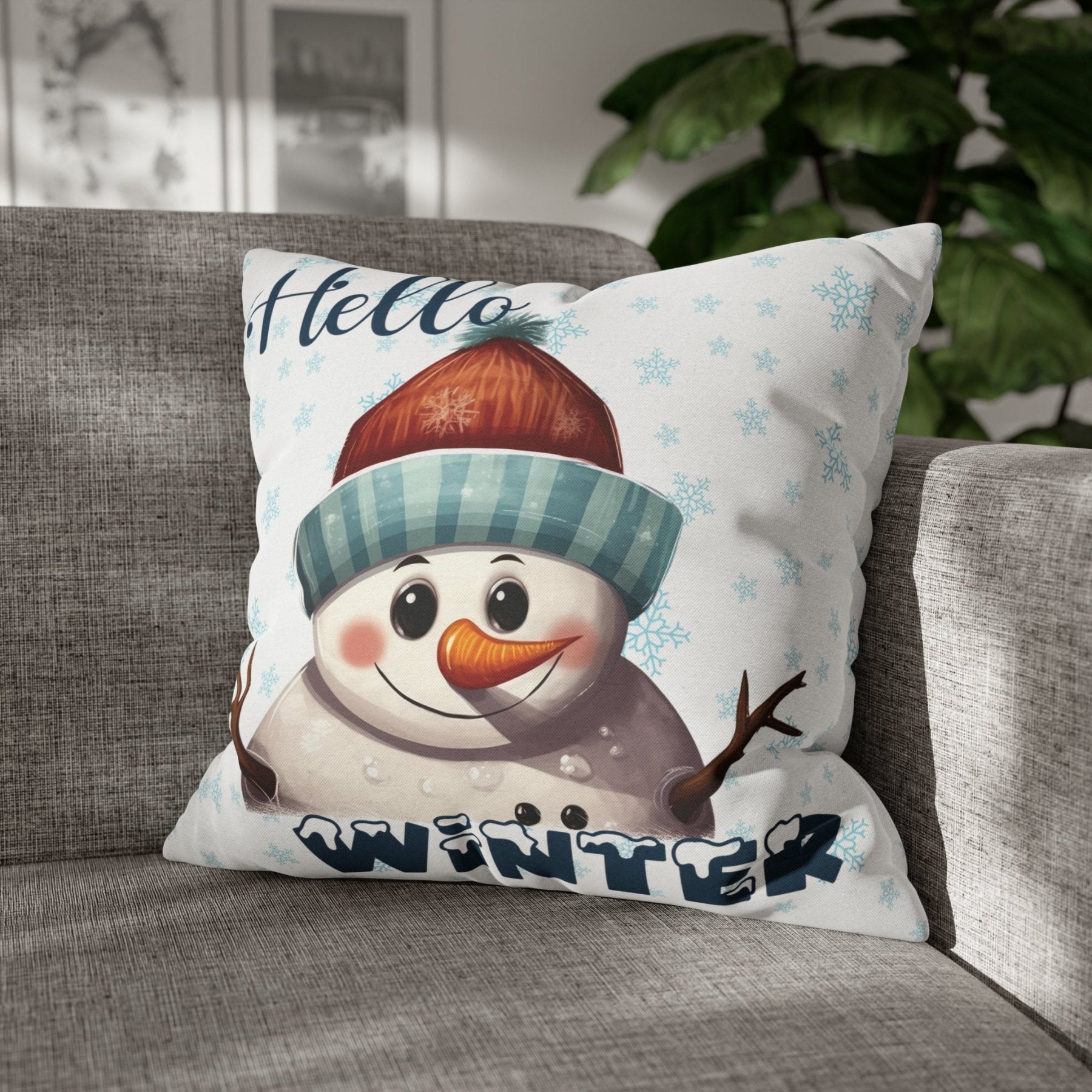 Winter Throw Pillow Cover, Throw Pillow Case, Winter Theme, Snowman, Hello Winter, Square Pillow Case, Snowman 4 - Janlyn's Crafts