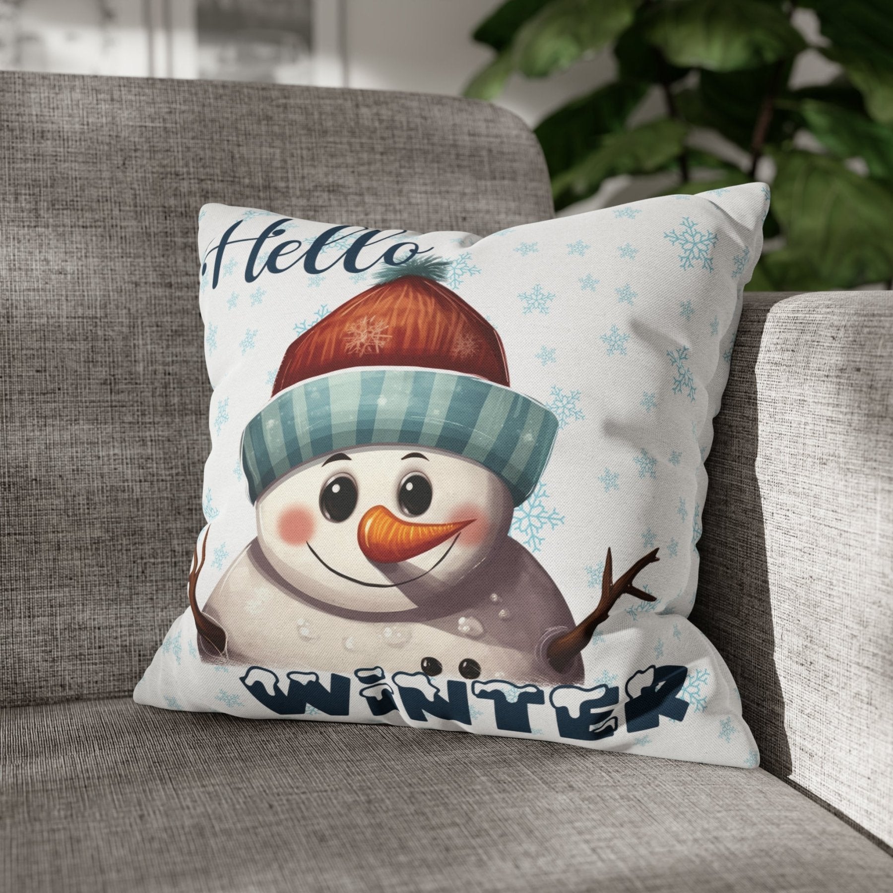 Winter Throw Pillow Cover, Throw Pillow Case, Winter Theme, Snowman, Hello Winter, Square Pillow Case, Snowman 4 - Janlyn's Crafts