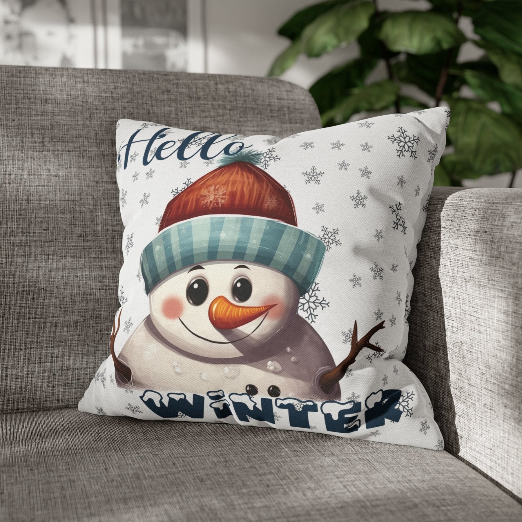 Winter Throw Pillow Cover, Throw Pillow Case, Winter Theme, Snowman, Hello Winter, Square Pillow Case, Snowman 4 - Janlyn's Crafts