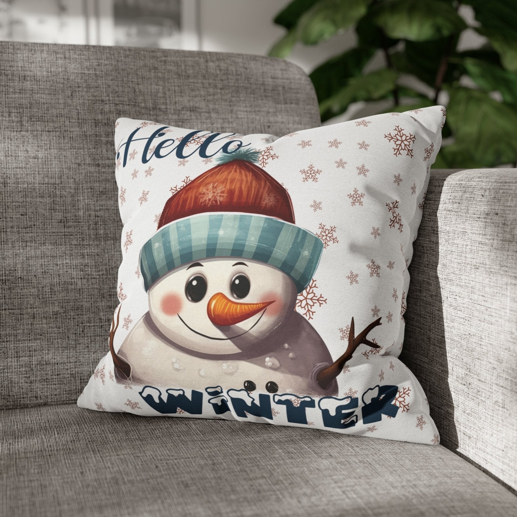 Winter Throw Pillow Cover, Throw Pillow Case, Winter Theme, Snowman, Hello Winter, Square Pillow Case, Snowman 4 - Janlyn's Crafts