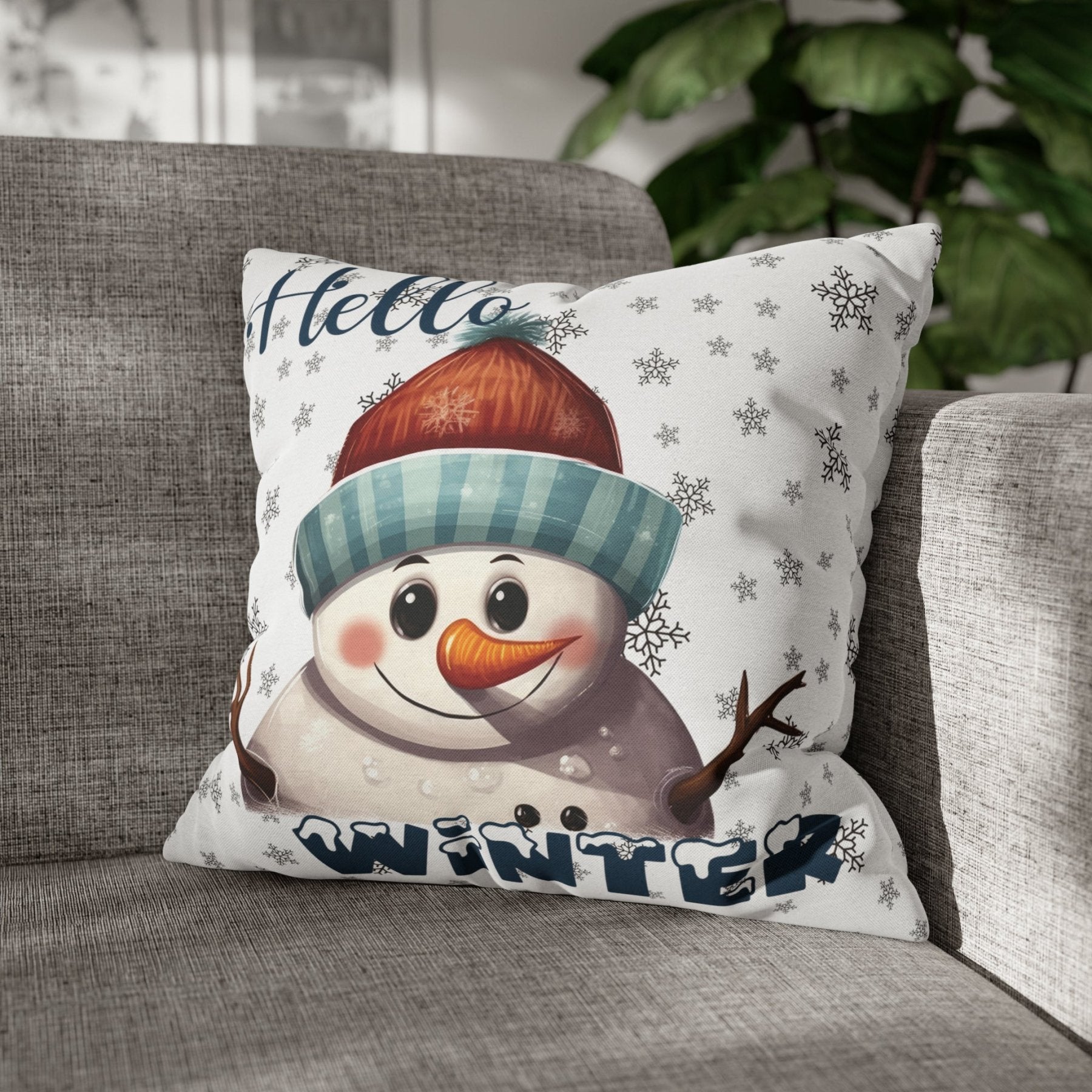 Winter Throw Pillow Cover, Throw Pillow Case, Winter Theme, Snowman, Hello Winter, Square Pillow Case, Snowman 4 - Janlyn's Crafts