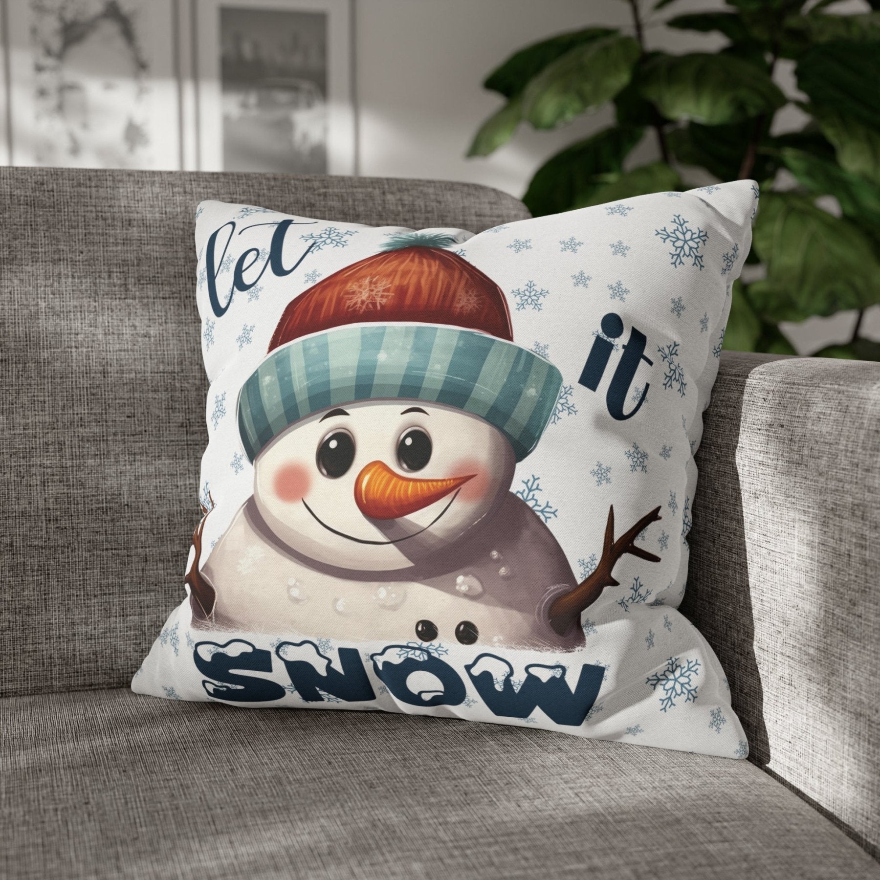 Winter Throw Pillow Cover, Throw Pillow Case, Winter Theme, Snowman, Let it Snow, Square Pillow Case, Snowman 4 - Janlyn's Crafts