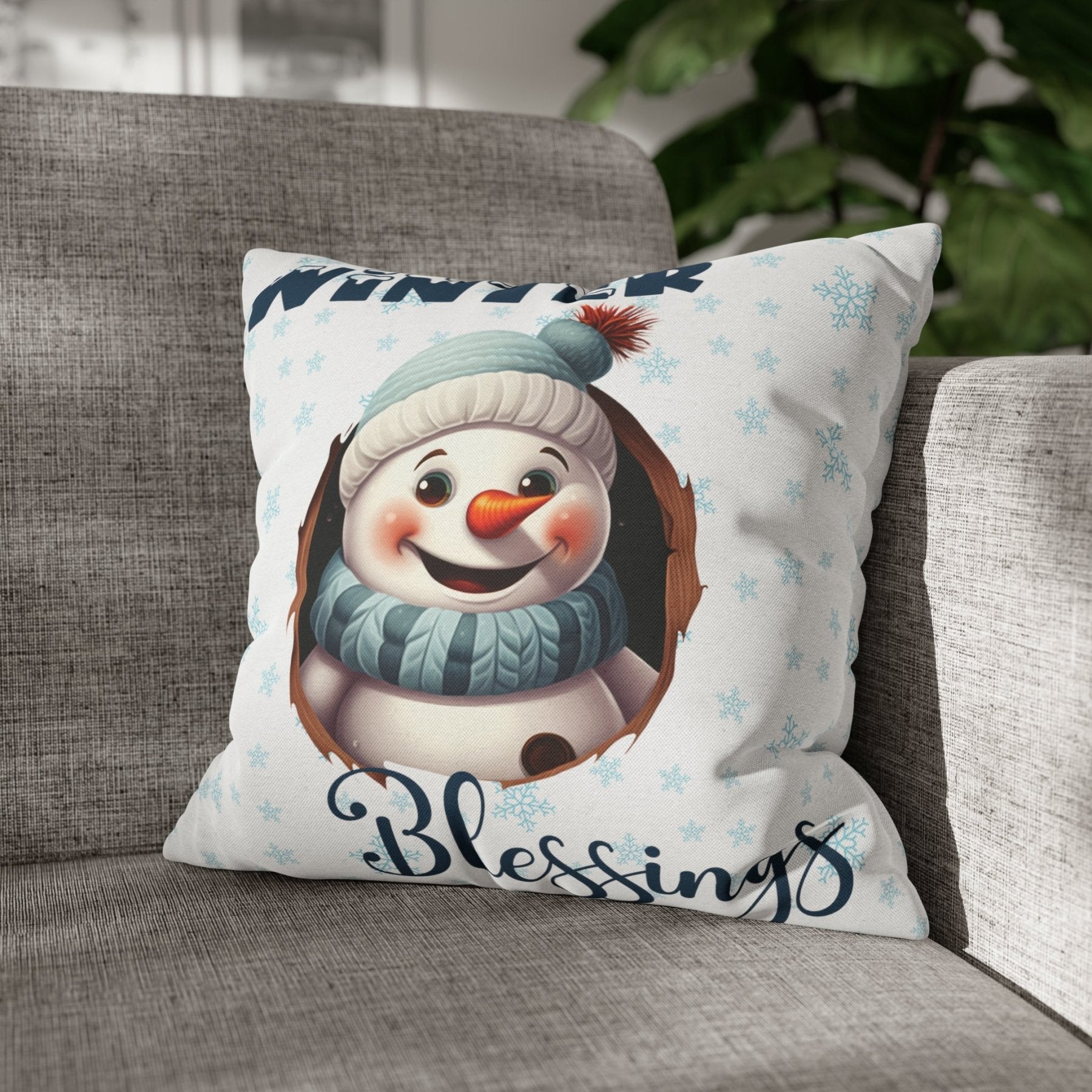 Winter Throw Pillow Cover, Throw Pillow Case, Winter Theme, Snowman, Winter Blessings, Square Pillow Case, Snowman 1 - Janlyn's Crafts