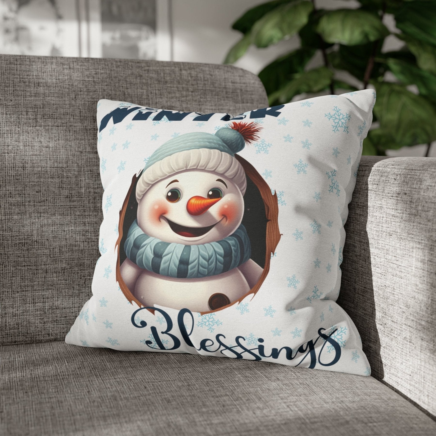 Winter Throw Pillow Cover, Throw Pillow Case, Winter Theme, Snowman, Winter Blessings, Square Pillow Case, Snowman 1 - Janlyn's Crafts