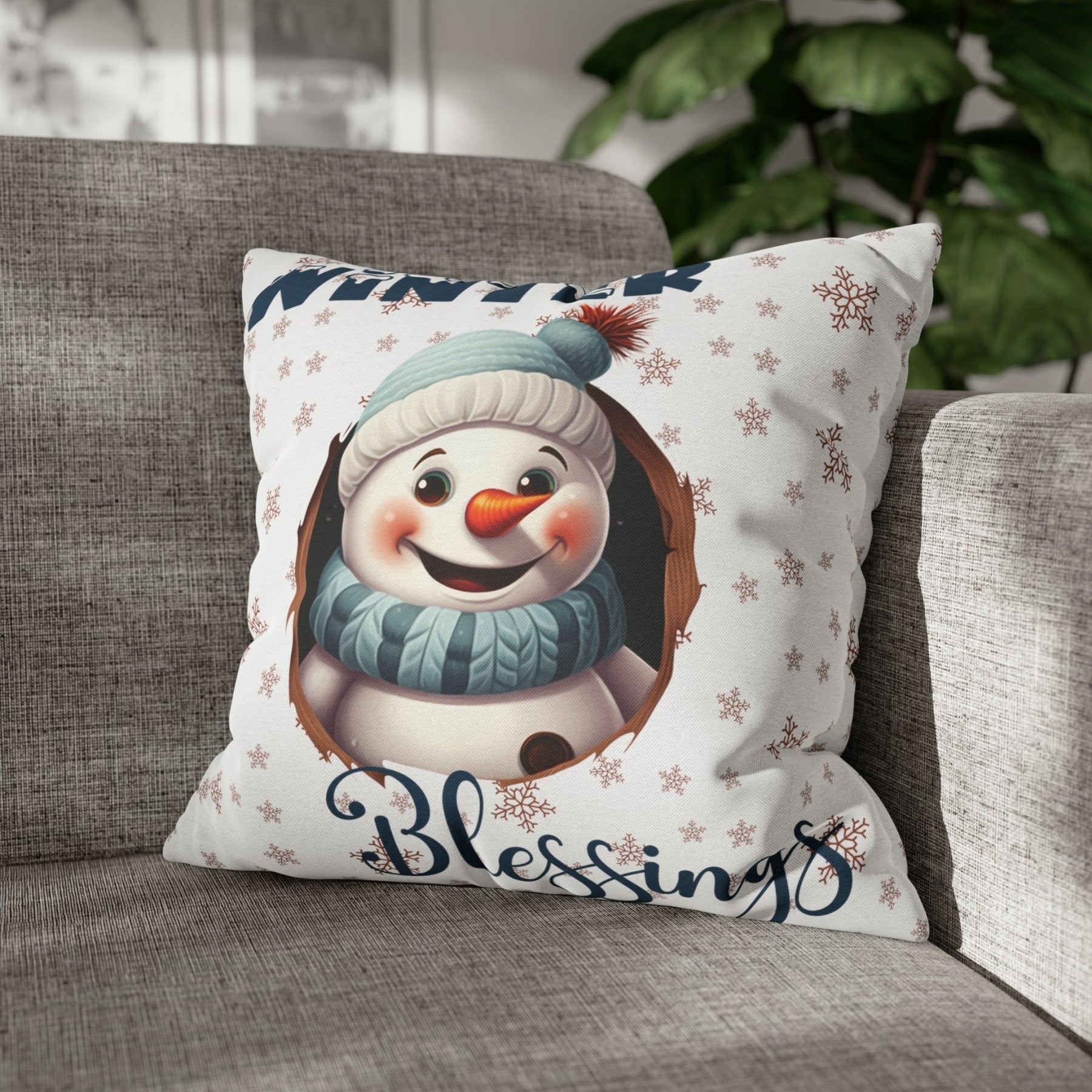 Winter Throw Pillow Cover, Throw Pillow Case, Winter Theme, Snowman, Winter Blessings, Square Pillow Case, Snowman 1 - Janlyn's Crafts