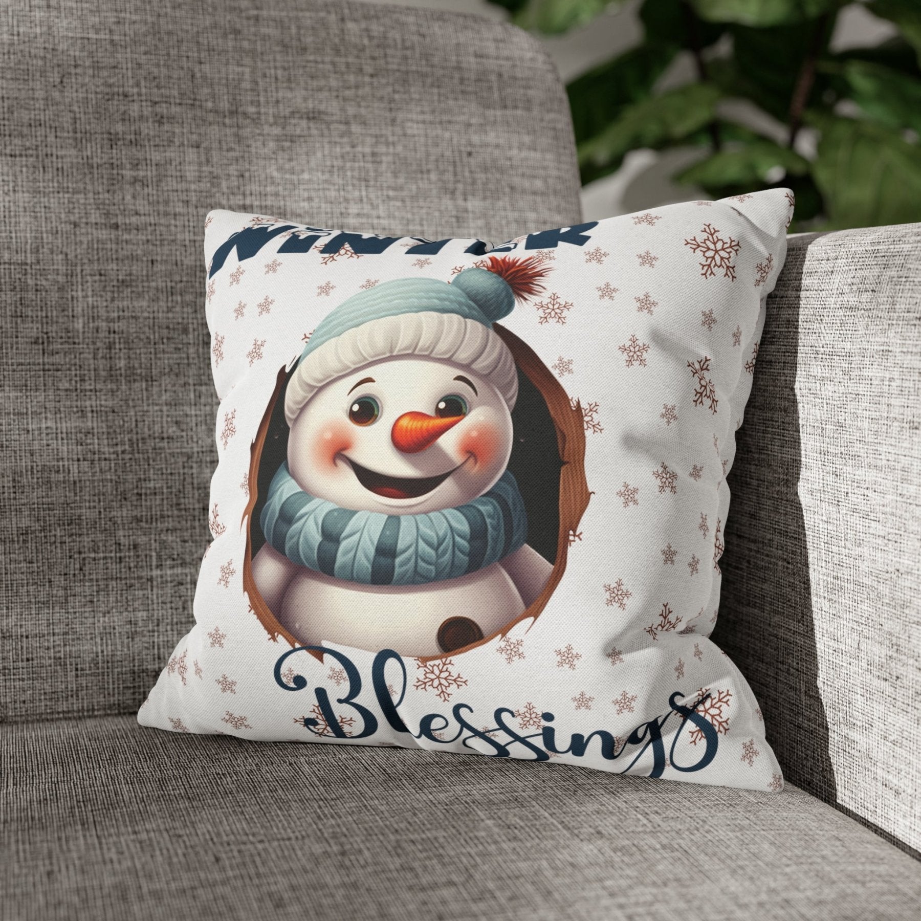 Winter Throw Pillow Cover, Throw Pillow Case, Winter Theme, Snowman, Winter Blessings, Square Pillow Case, Snowman 1 - Janlyn's Crafts