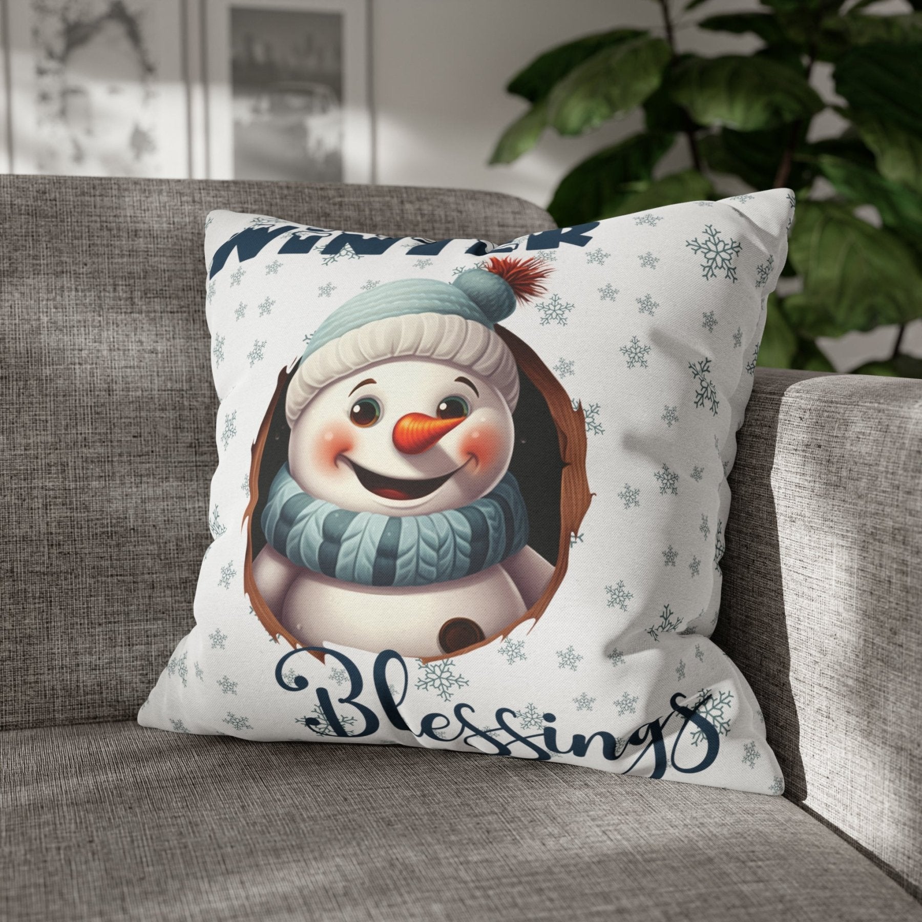 Winter Throw Pillow Cover, Throw Pillow Case, Winter Theme, Snowman, Winter Blessings, Square Pillow Case, Snowman 1 - Janlyn's Crafts