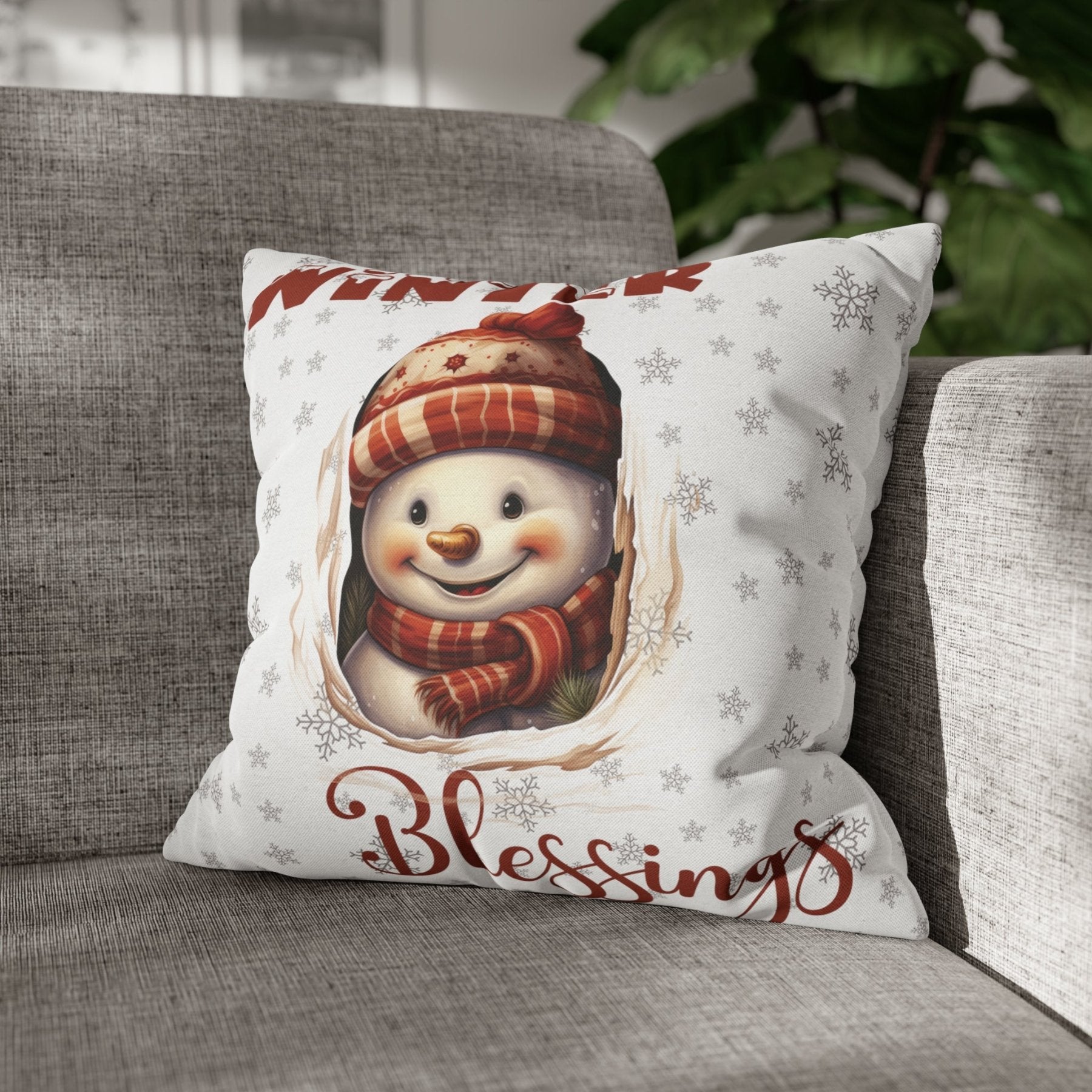 Winter Throw Pillow Cover, Throw Pillow Case, Winter Theme, Snowman, Winter Blessings, Square Pillow Case, Snowman 3 - Janlyn's Crafts