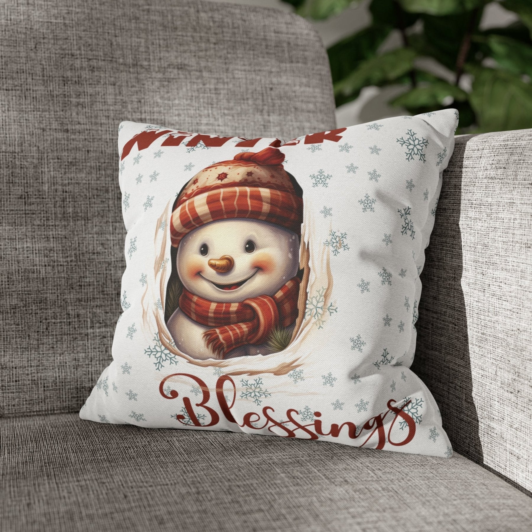 Winter Throw Pillow Cover, Throw Pillow Case, Winter Theme, Snowman, Winter Blessings, Square Pillow Case, Snowman 3 - Janlyn's Crafts