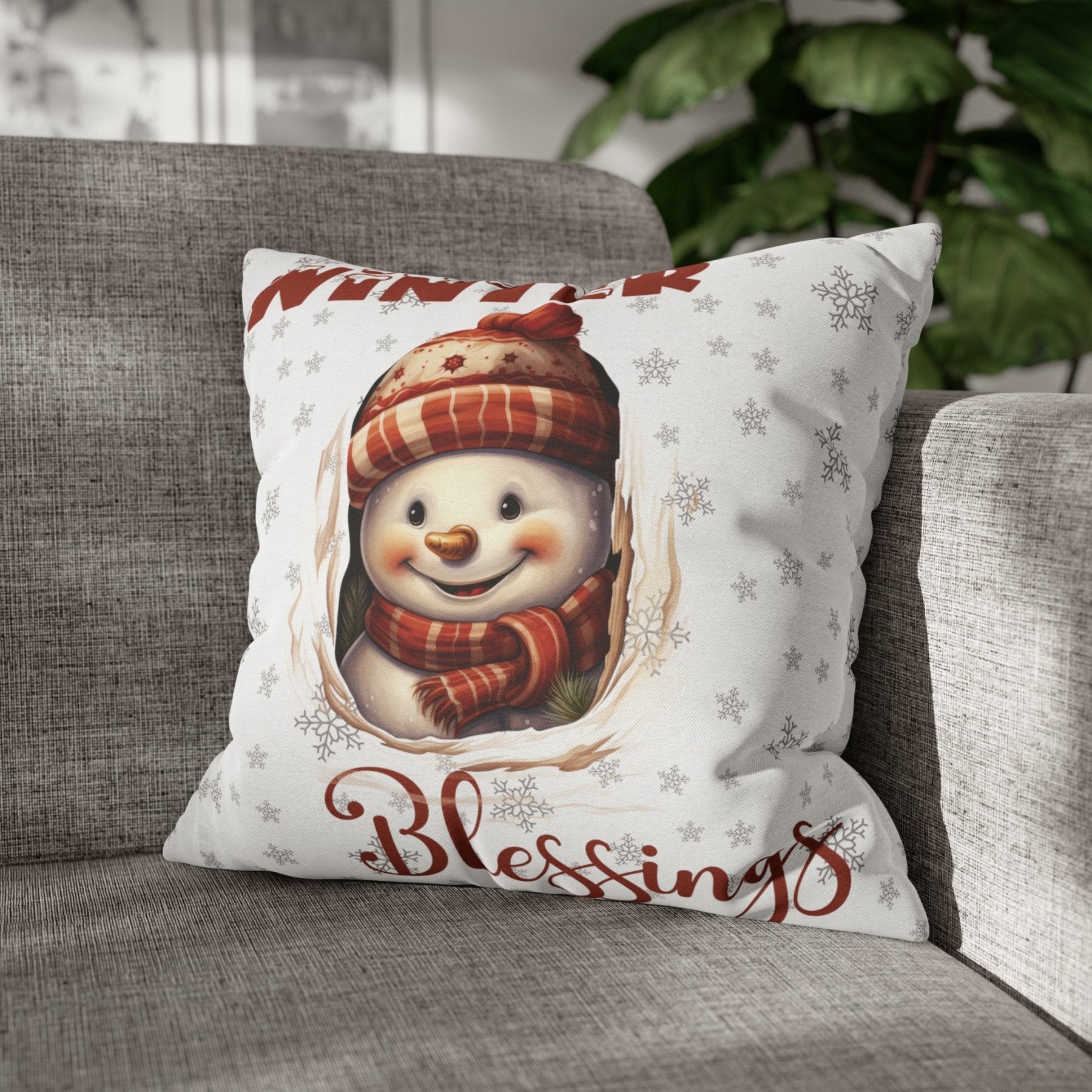 Winter Throw Pillow Cover, Throw Pillow Case, Winter Theme, Snowman, Winter Blessings, Square Pillow Case, Snowman 3 - Janlyn's Crafts