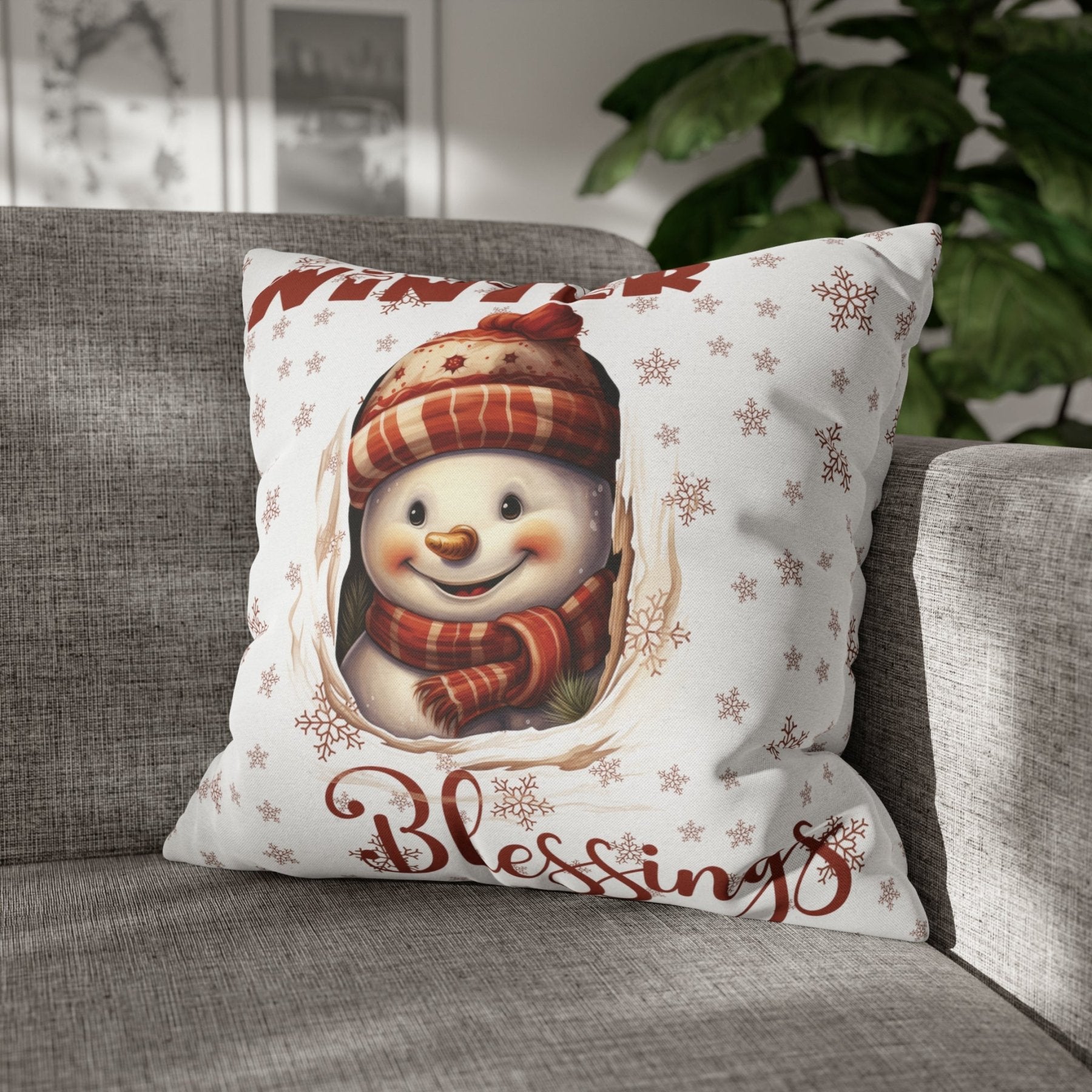 Winter Throw Pillow Cover, Throw Pillow Case, Winter Theme, Snowman, Winter Blessings, Square Pillow Case, Snowman 3 - Janlyn's Crafts