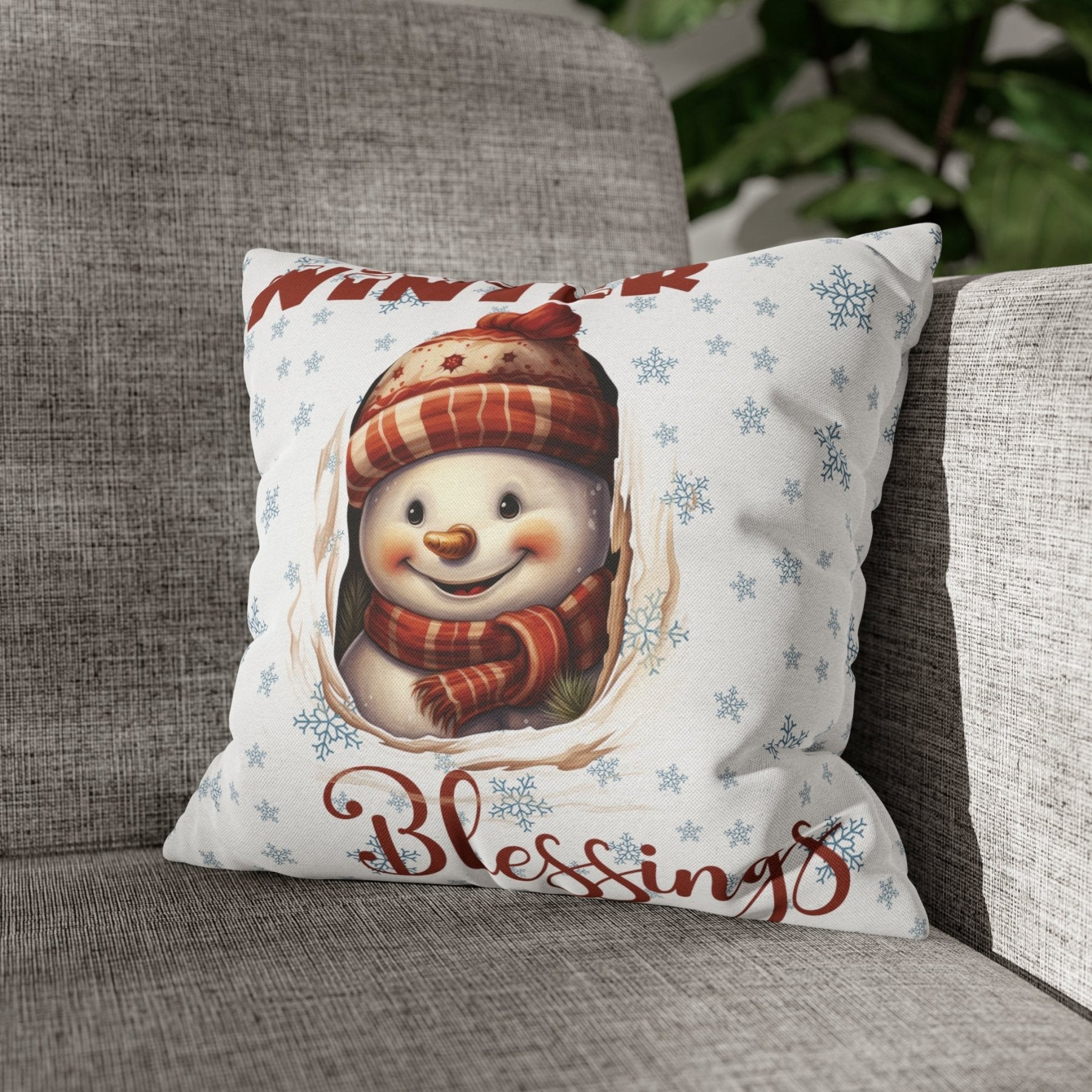 Winter Throw Pillow Cover, Throw Pillow Case, Winter Theme, Snowman, Winter Blessings, Square Pillow Case, Snowman 3 - Janlyn's Crafts