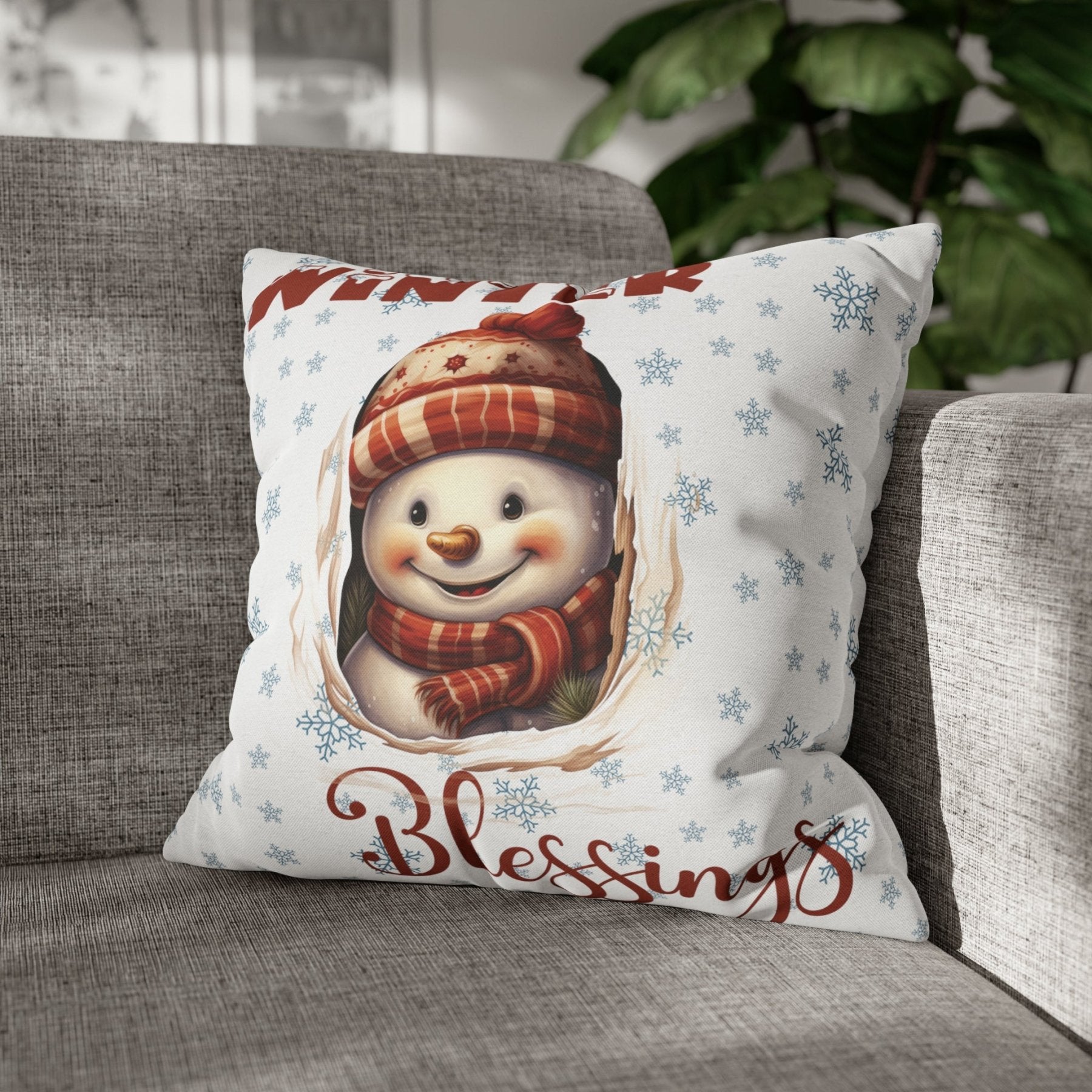 Winter Throw Pillow Cover, Throw Pillow Case, Winter Theme, Snowman, Winter Blessings, Square Pillow Case, Snowman 3 - Janlyn's Crafts