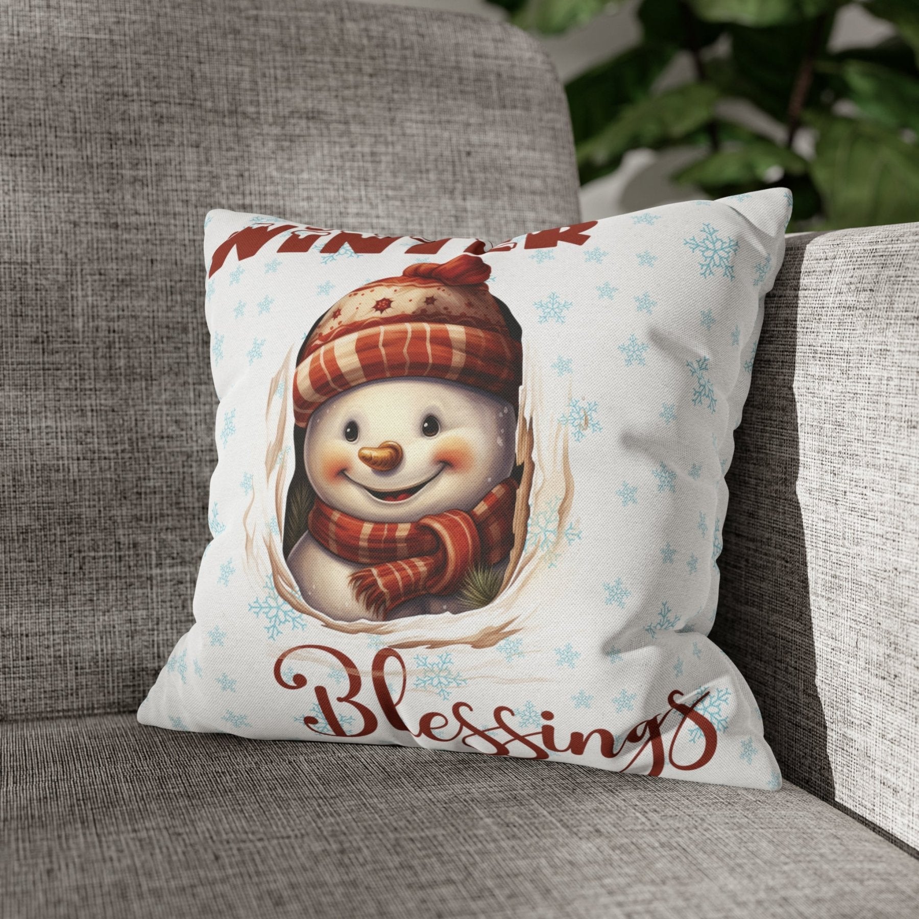 Winter Throw Pillow Cover, Throw Pillow Case, Winter Theme, Snowman, Winter Blessings, Square Pillow Case, Snowman 3 - Janlyn's Crafts