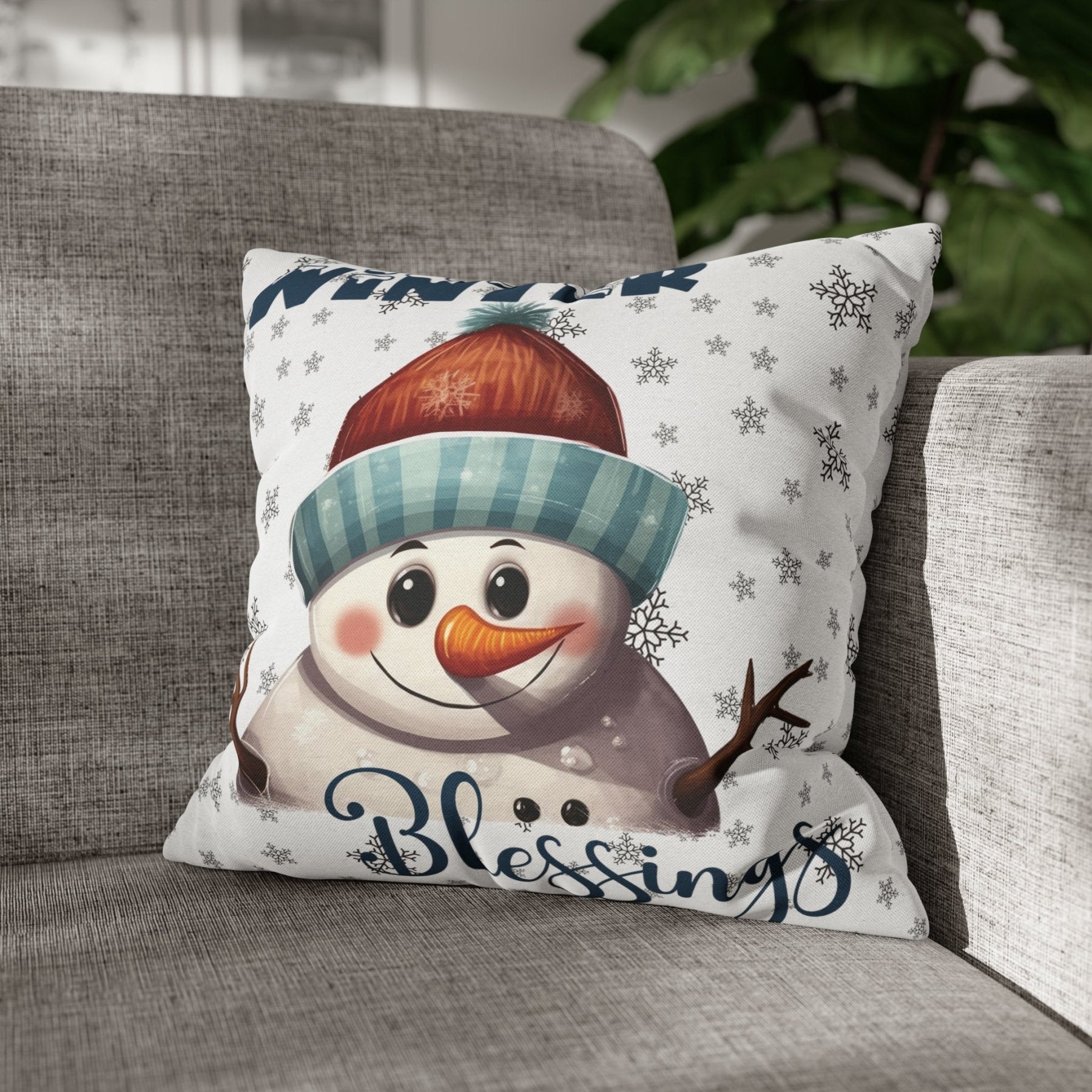 Winter Throw Pillow Cover, Throw Pillow Case, Winter Theme, Snowman, Winter Blessings, Square Pillow Case, Snowman 4 - Janlyn's Crafts