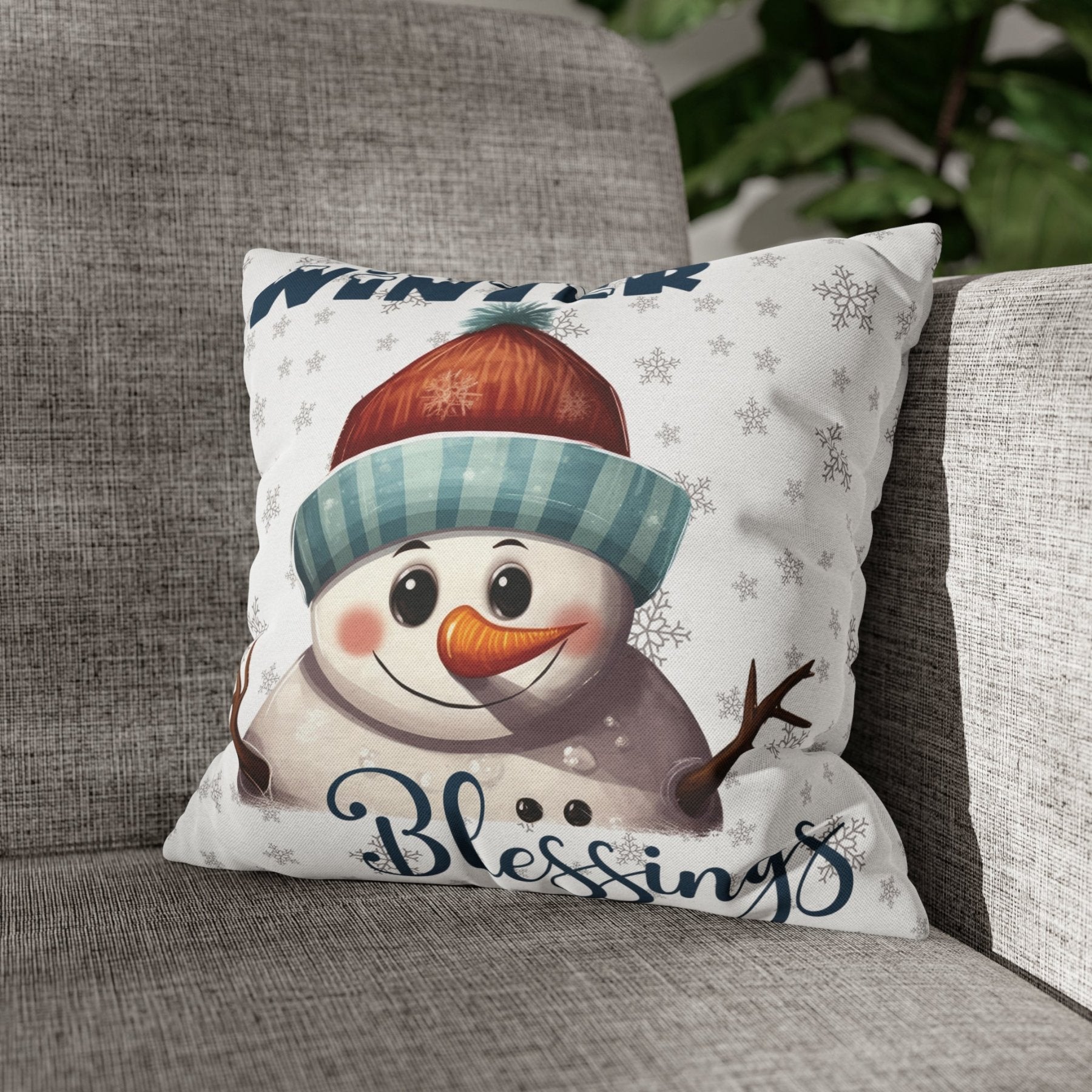 Winter Throw Pillow Cover, Throw Pillow Case, Winter Theme, Snowman, Winter Blessings, Square Pillow Case, Snowman 4 - Janlyn's Crafts