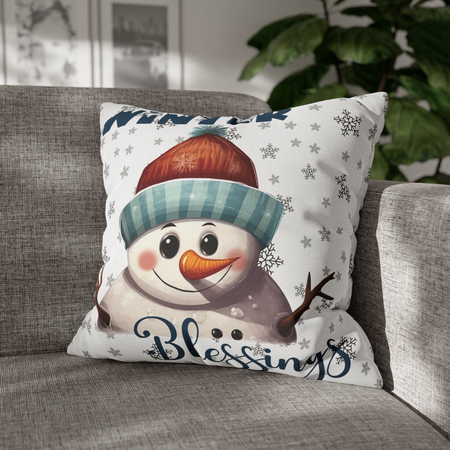 Winter Throw Pillow Cover, Throw Pillow Case, Winter Theme, Snowman, Winter Blessings, Square Pillow Case, Snowman 4 - Janlyn's Crafts