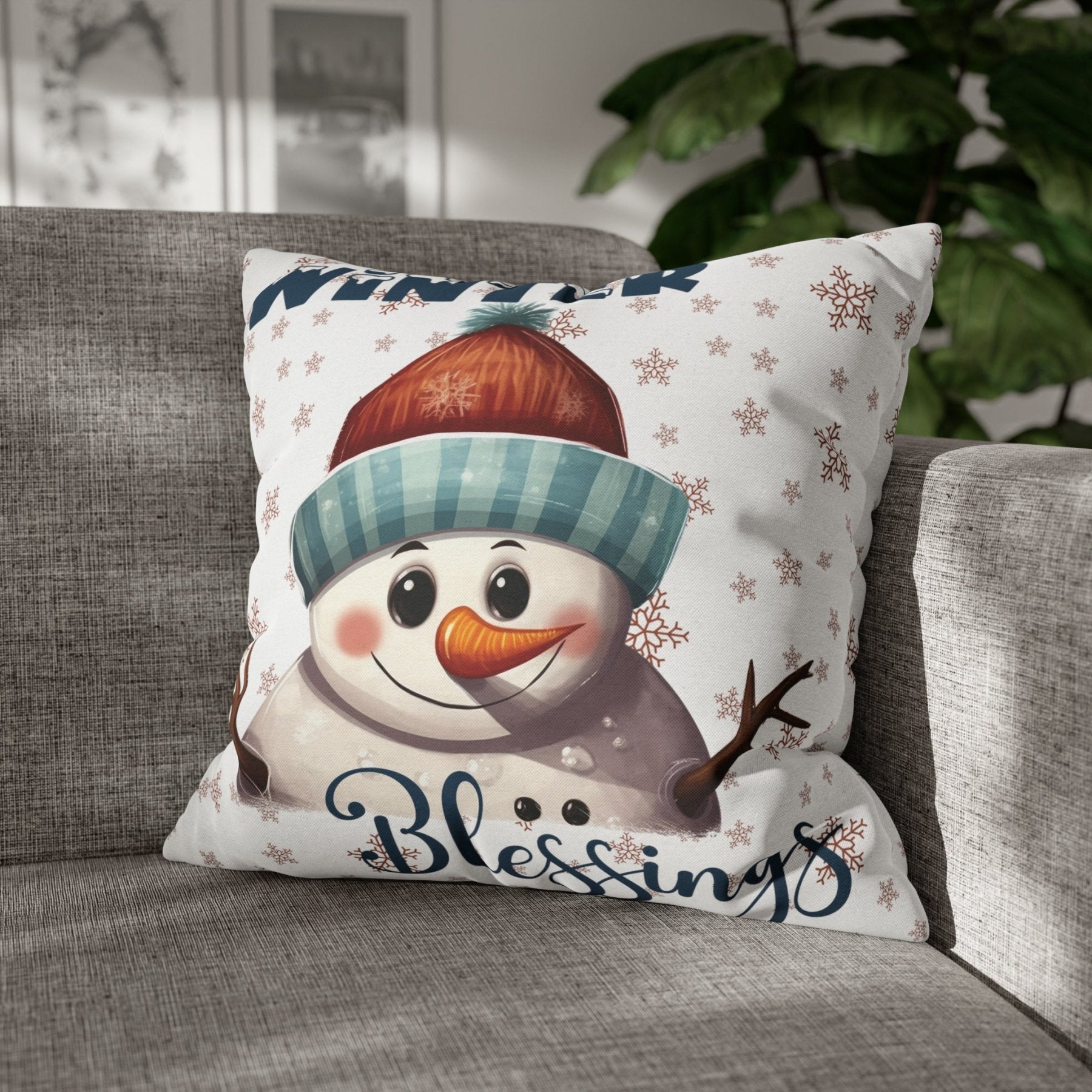 Winter Throw Pillow Cover, Throw Pillow Case, Winter Theme, Snowman, Winter Blessings, Square Pillow Case, Snowman 4 - Janlyn's Crafts