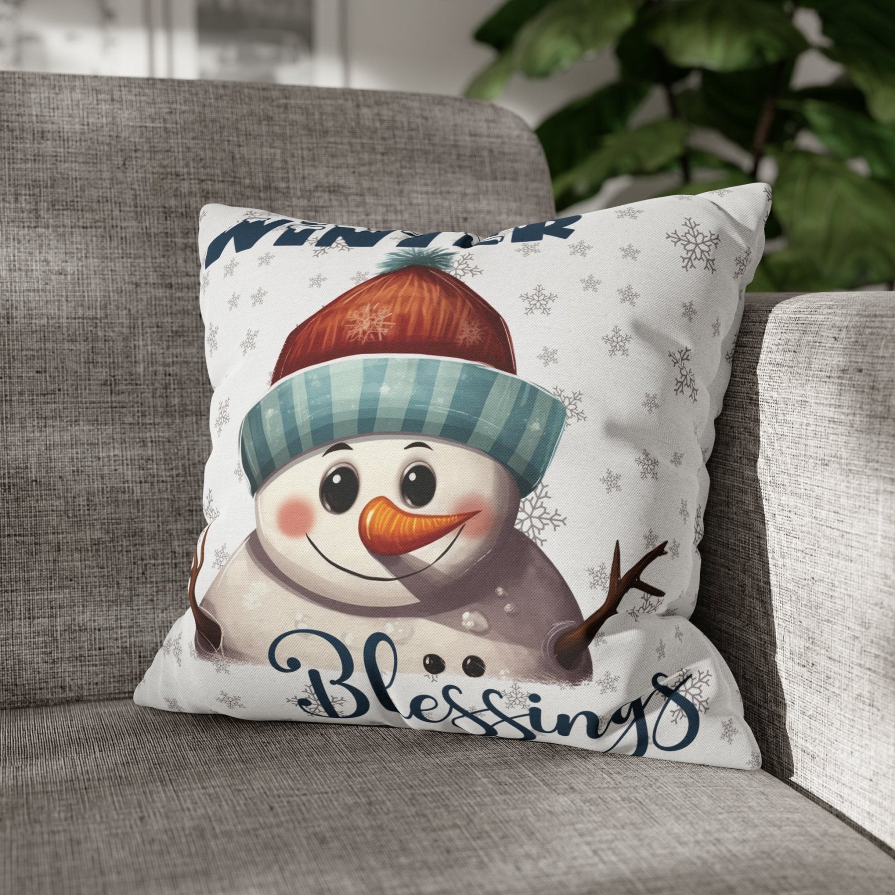 Winter Throw Pillow Cover, Throw Pillow Case, Winter Theme, Snowman, Winter Blessings, Square Pillow Case, Snowman 4 - Janlyn's Crafts