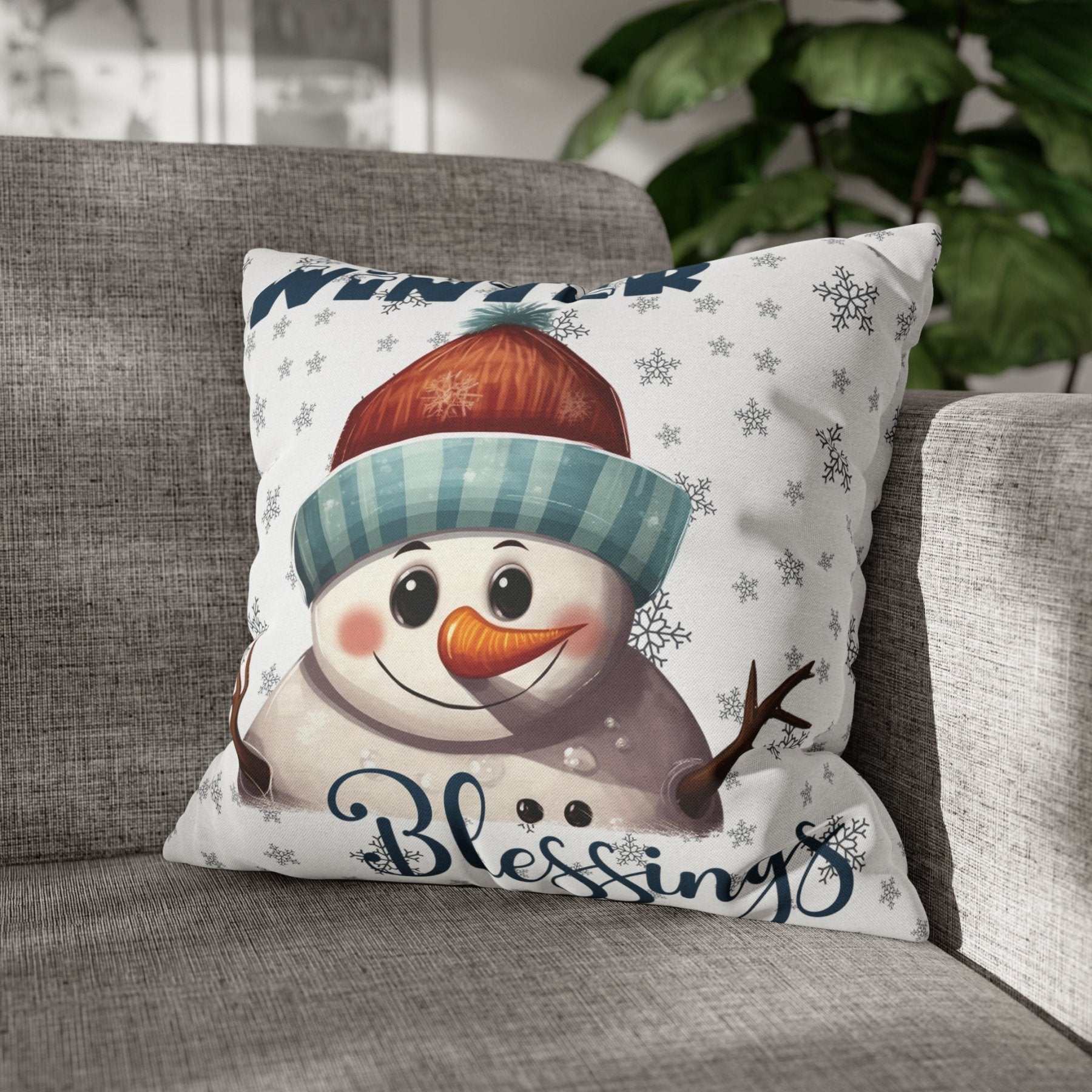 Winter Throw Pillow Cover, Throw Pillow Case, Winter Theme, Snowman, Winter Blessings, Square Pillow Case, Snowman 4 - Janlyn's Crafts