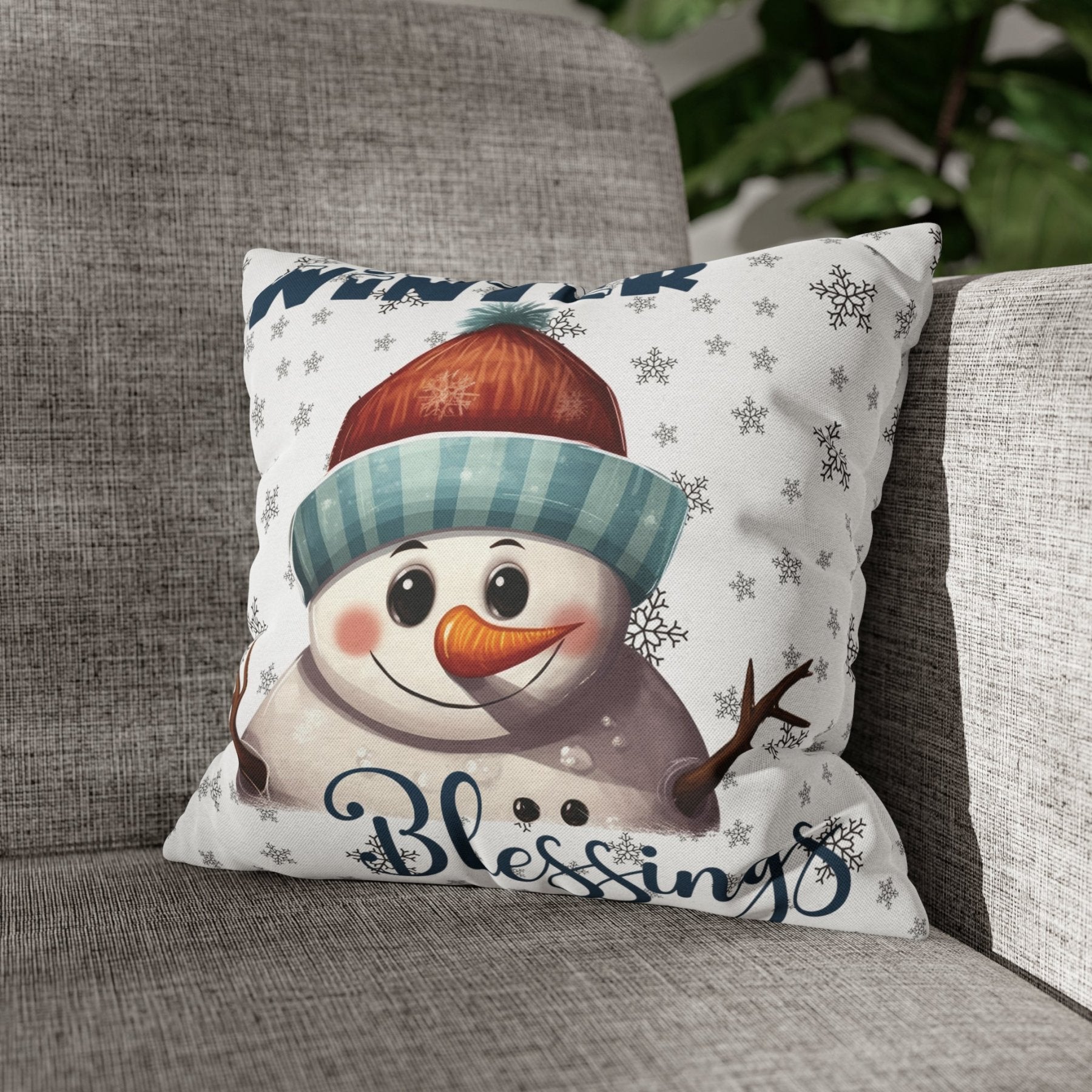 Winter Throw Pillow Cover, Throw Pillow Case, Winter Theme, Snowman, Winter Blessings, Square Pillow Case, Snowman 4 - Janlyn's Crafts