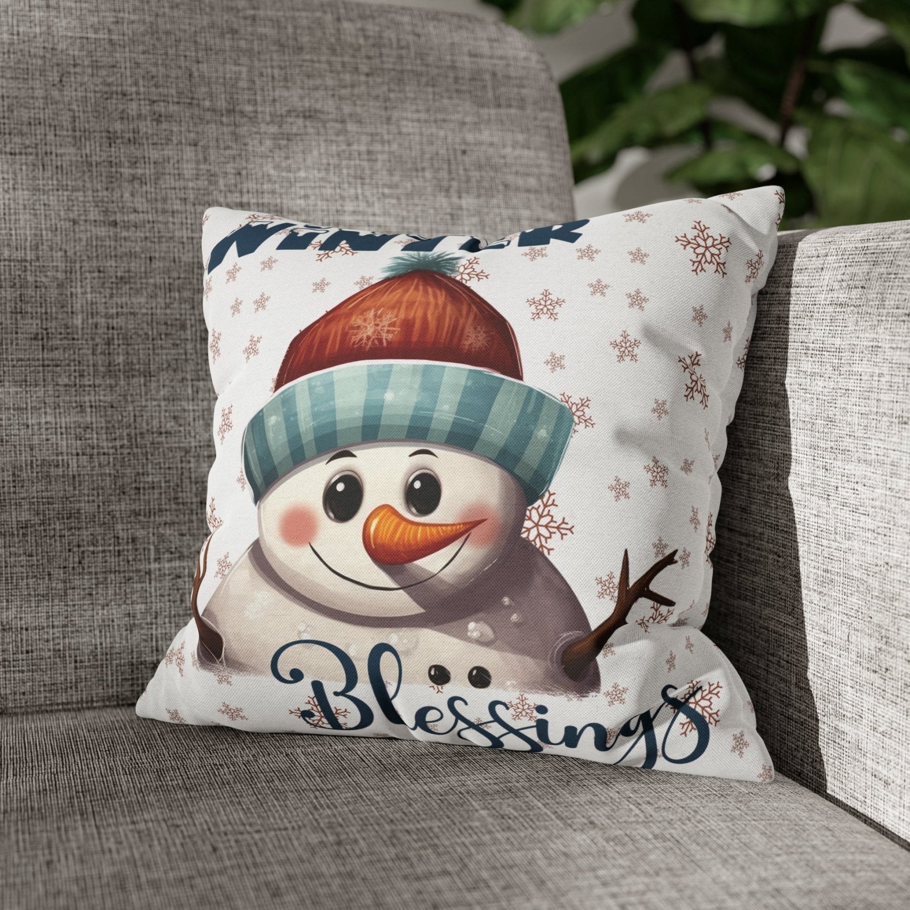 Winter Throw Pillow Cover, Throw Pillow Case, Winter Theme, Snowman, Winter Blessings, Square Pillow Case, Snowman 4 - Janlyn's Crafts