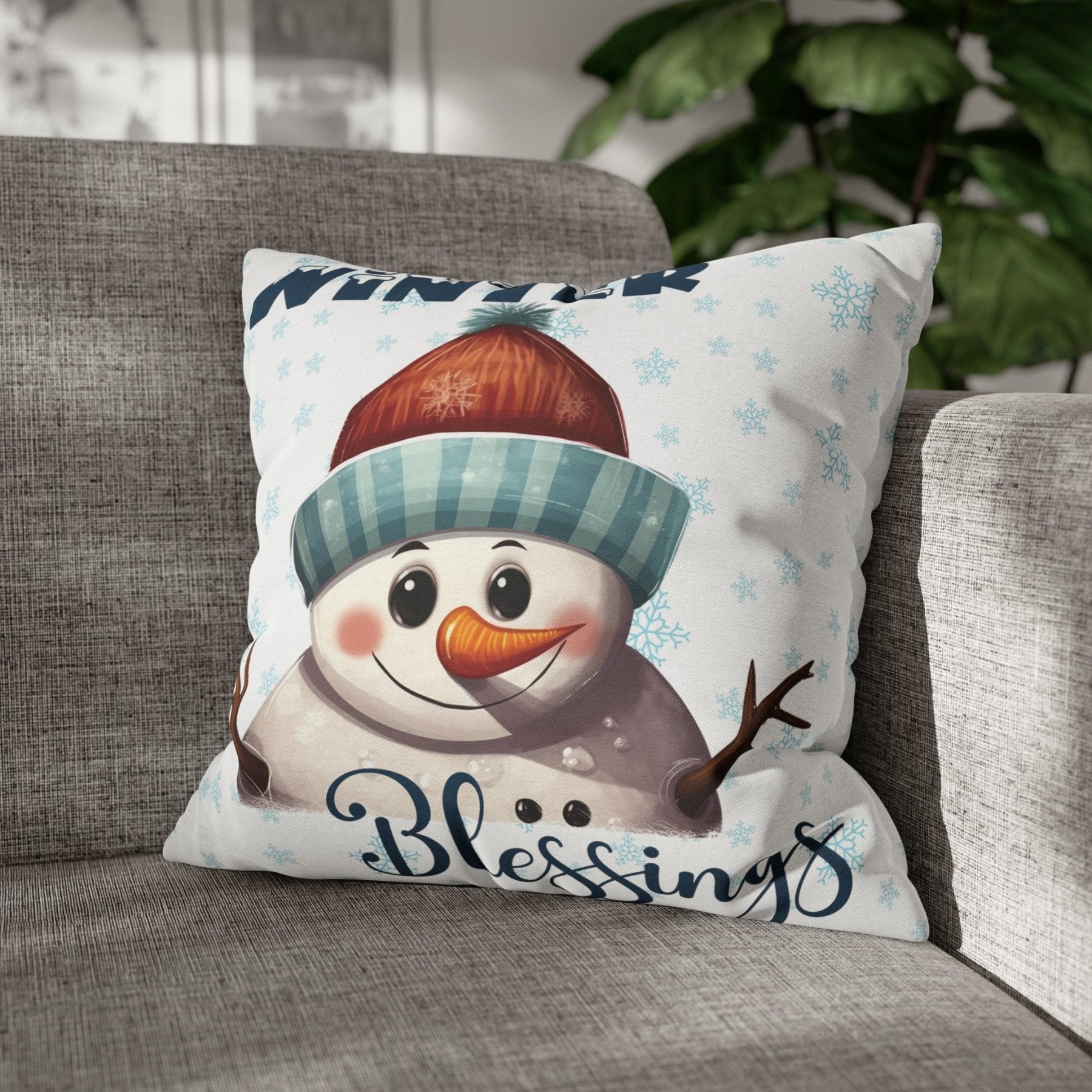 Winter Throw Pillow Cover, Throw Pillow Case, Winter Theme, Snowman, Winter Blessings, Square Pillow Case, Snowman 4 - Janlyn's Crafts