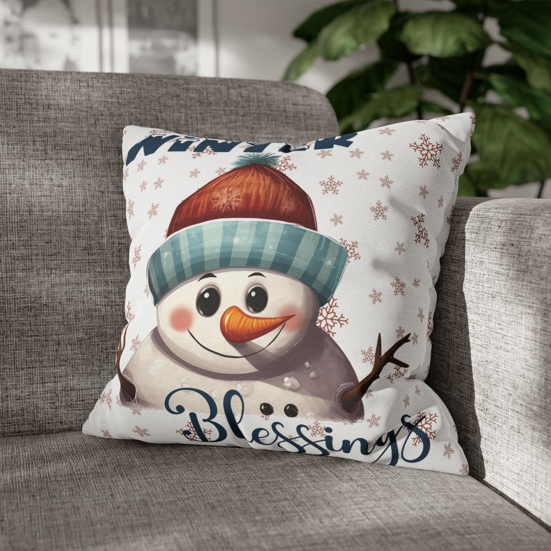 Winter Throw Pillow Cover, Throw Pillow Case, Winter Theme, Snowman, Winter Blessings, Square Pillow Case, Snowman 4 - Janlyn's Crafts