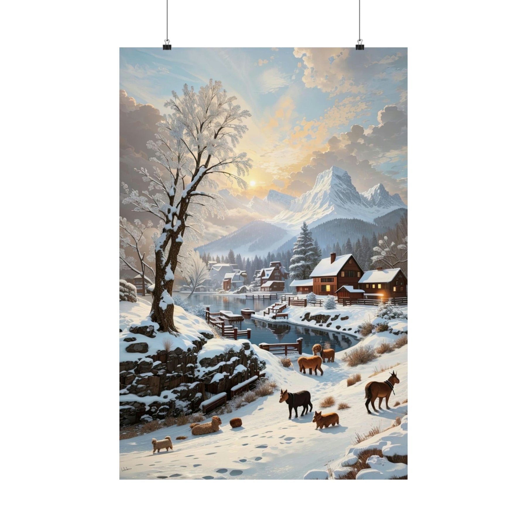 Winter Town Landscape Poster Print, Winter Wall Art, Winter Poster, Winter Landscape Scene, Wall Art, Poster Art, Rolled Poster, Winter Home Decor, Winter Mountain Town (1) - Janlyn's Crafts